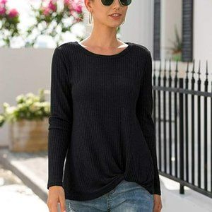 Black Twist Waist Waffle Knit Top